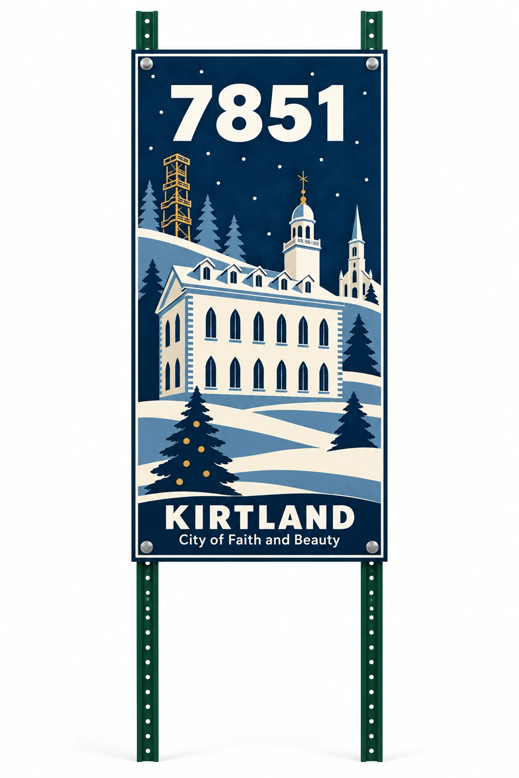 Kirtland city mailbox shield with winter artwork and example house number