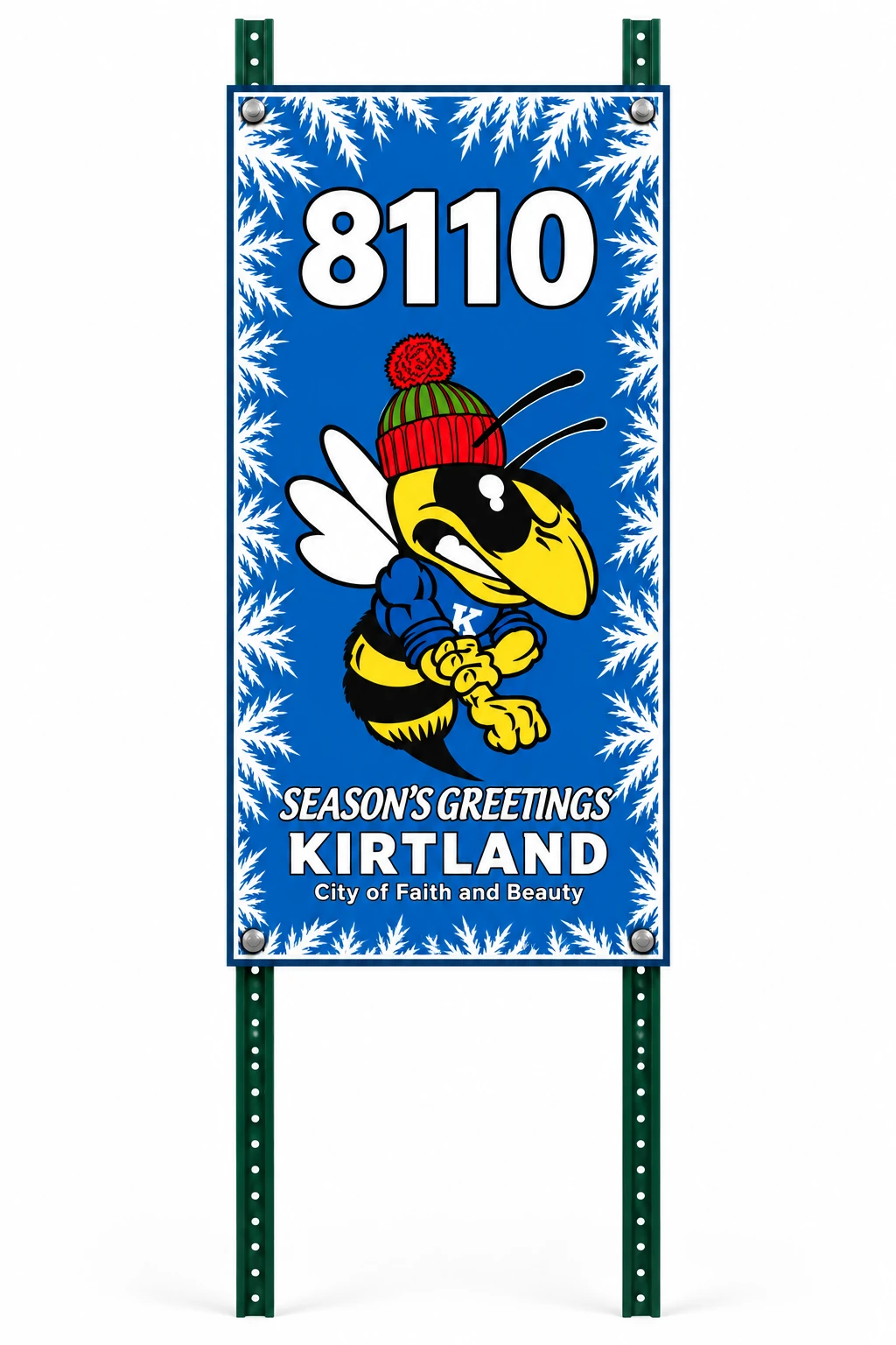 Blue Kirtland Hornet mailbox shield mounted on two posts