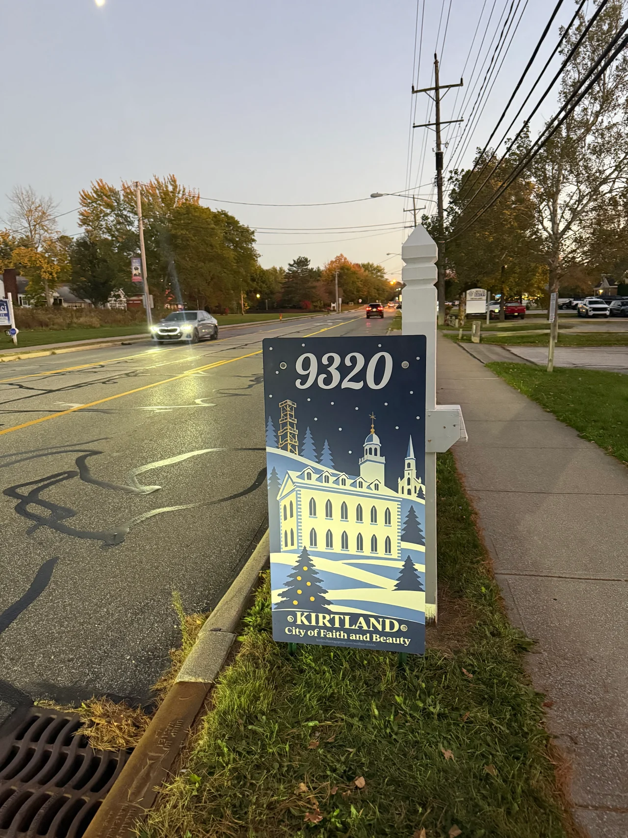 Actual number 9320 Kirtland shield photographed beside the road at dusk